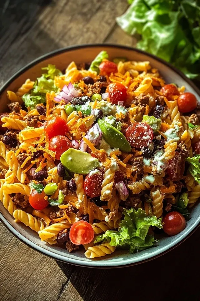 Bunter Taco Nudelsalat mit würzigem Beef Crunch
