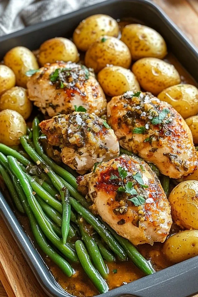 Schnelles Blechgericht mit Hähnchen, Bohnen und Kartoffeln