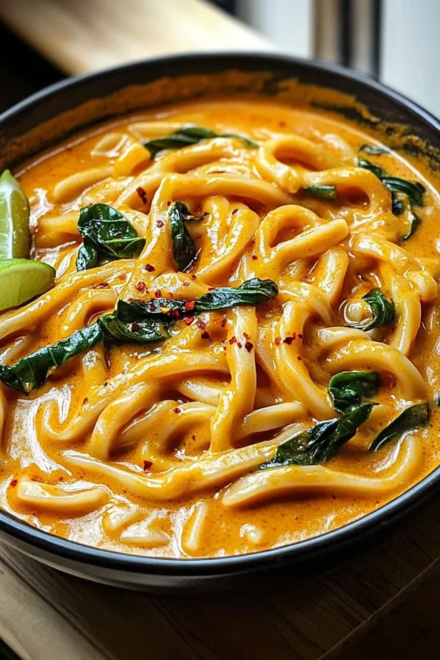 Cremige thailändische Udon-Nudeln mit rotem Curry