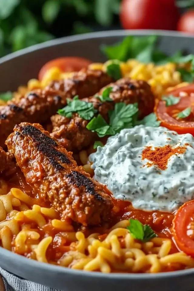 Cremiges Tomaten Kritharaki mit veganen Cevapcici