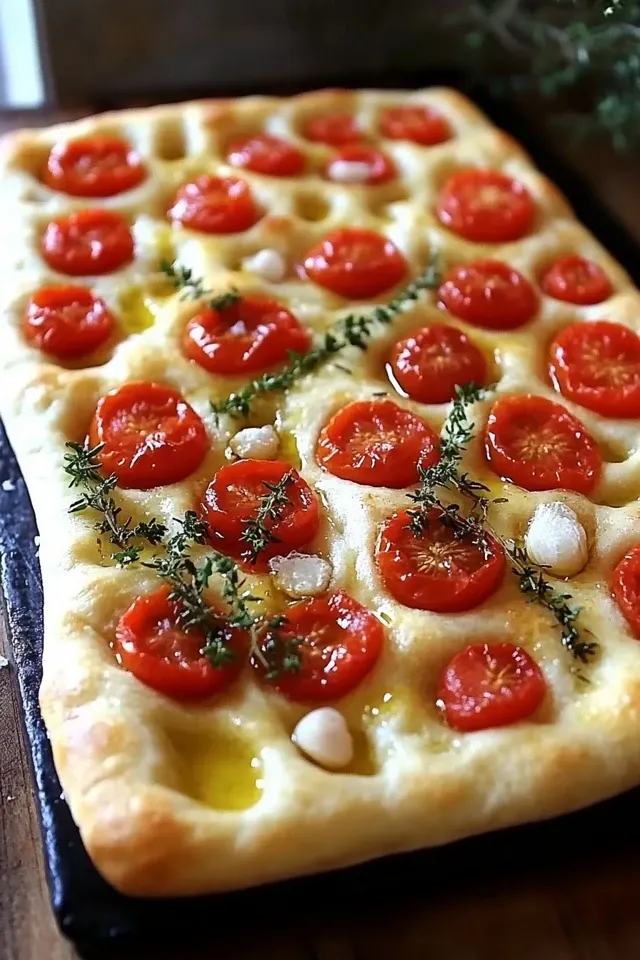 Focaccia mit Tomaten, Knoblauch und Thymian