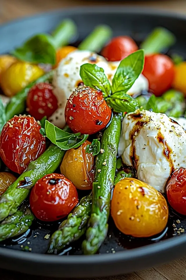 Gerösteter grüner Spargel mit Burrata und Tomaten