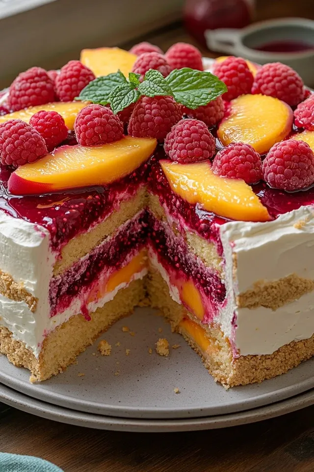 Fruchtige Himbeer-Pfirsich-Torte für besondere Anlässe