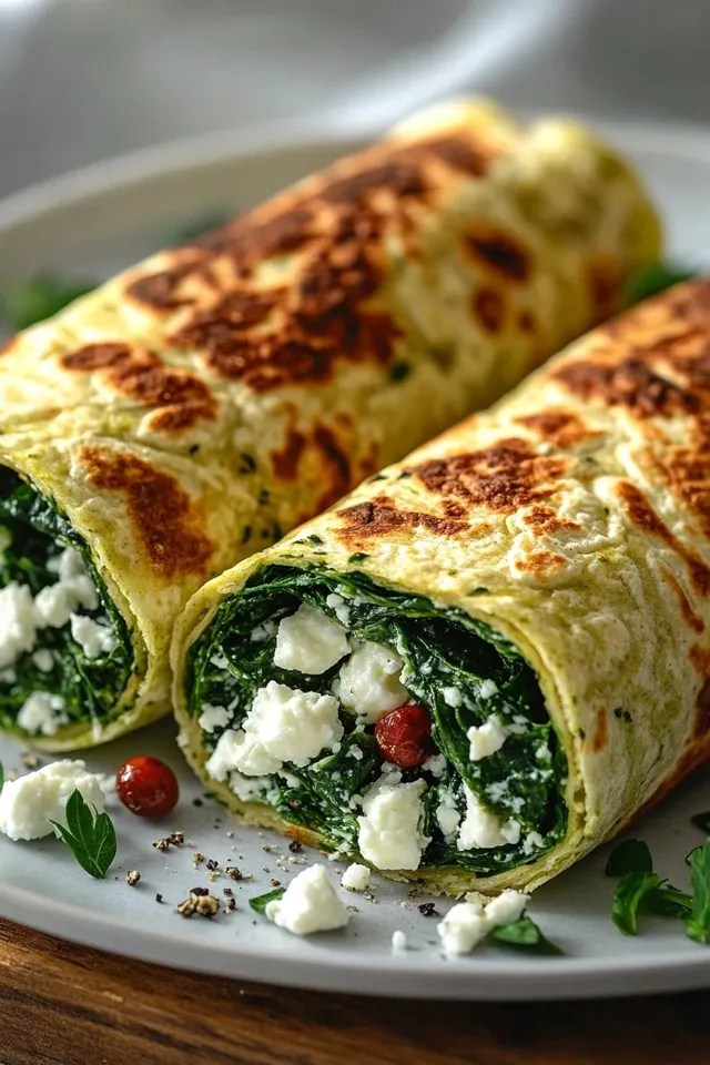Keto Pfannkuchen Wraps mit Spinat und Feta