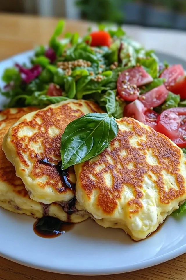 Low Carb Beef-Mozzarella-Pfannkuchen mit Salat