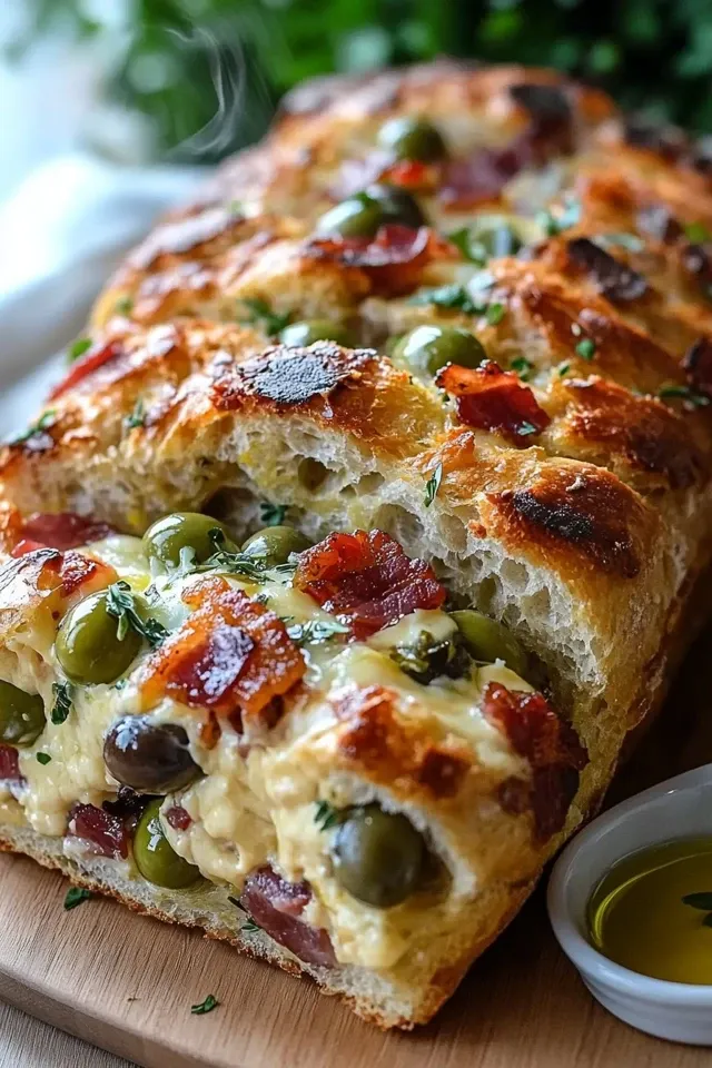 Oliven-Brot mit Käse und aromatischem Rindfleisch