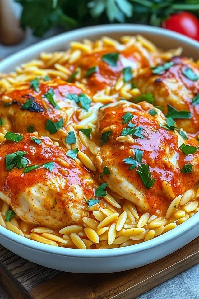 Paprika Sahne Hähnchen mit Orzo Nudeln aus dem Ofen