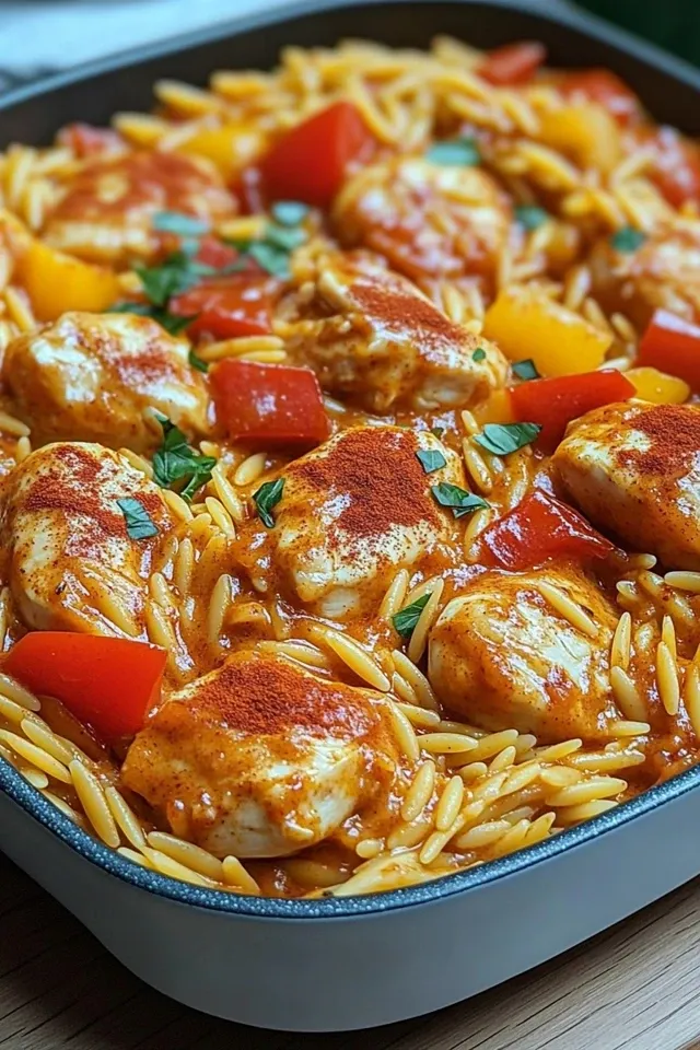 Paprika-Rahm-Hähnchen mit Orzo-Nudeln aus dem Ofen