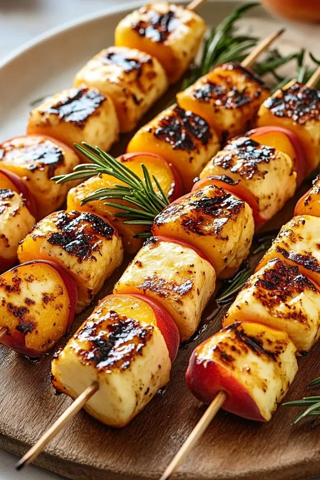 Sonnige Pfirsich-Beef-Halloumi-Rosmarin-Spieße vom Grill