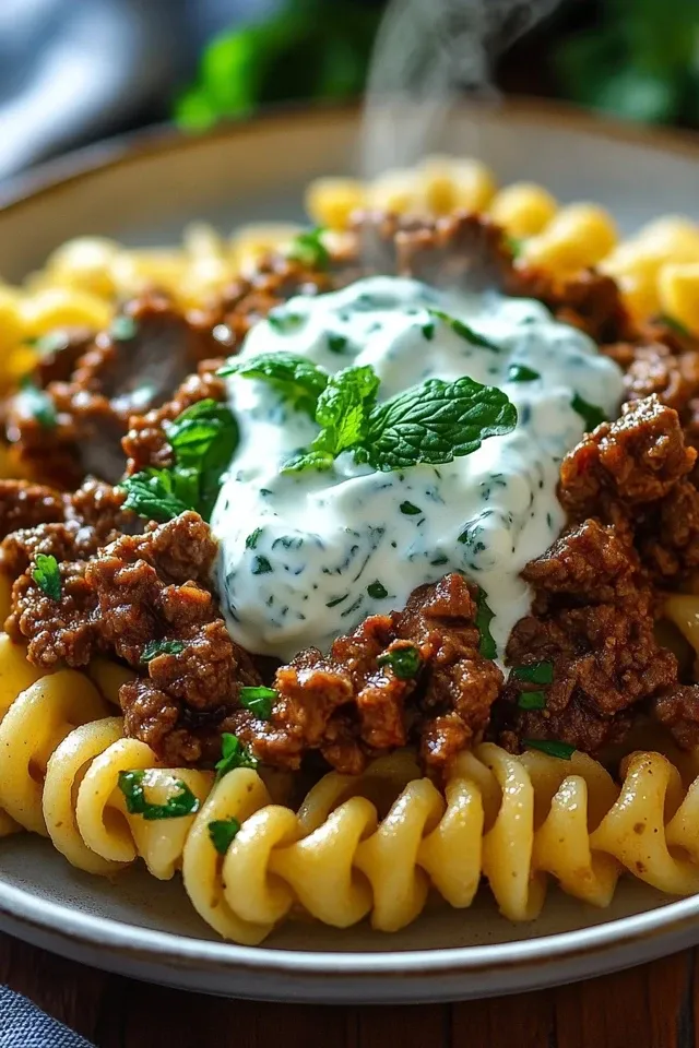 Türkische Pasta mit Hackfleisch und Joghurt-Sauce